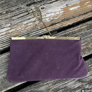 Purple Suede Leather Clutch Purse Gold Chain Hinge Frame Bag Vintage 70s 80s